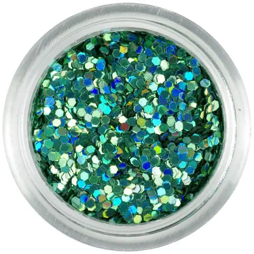 1mm hologramové flitre - modrozelené šesťhrany
