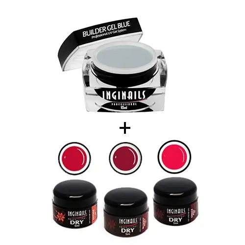 SADA Inginails Professional Strawberry Red - Builder Gel Blue 10ml + 3ks DRY Color gél