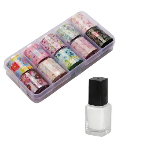 Sada ozdobných fólií na nechty - 10ks + lepidlo